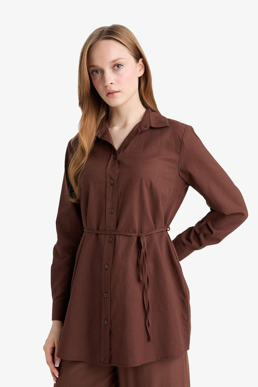 Regular Fit Poplin Tie-Up Long-Sleeve Shirt Tunic
