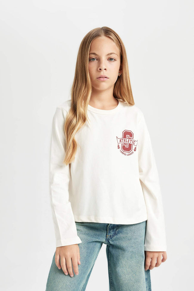 Girls Relax Fit Crew Neck Printed Long Sleeve School T-Shirt Hover Image