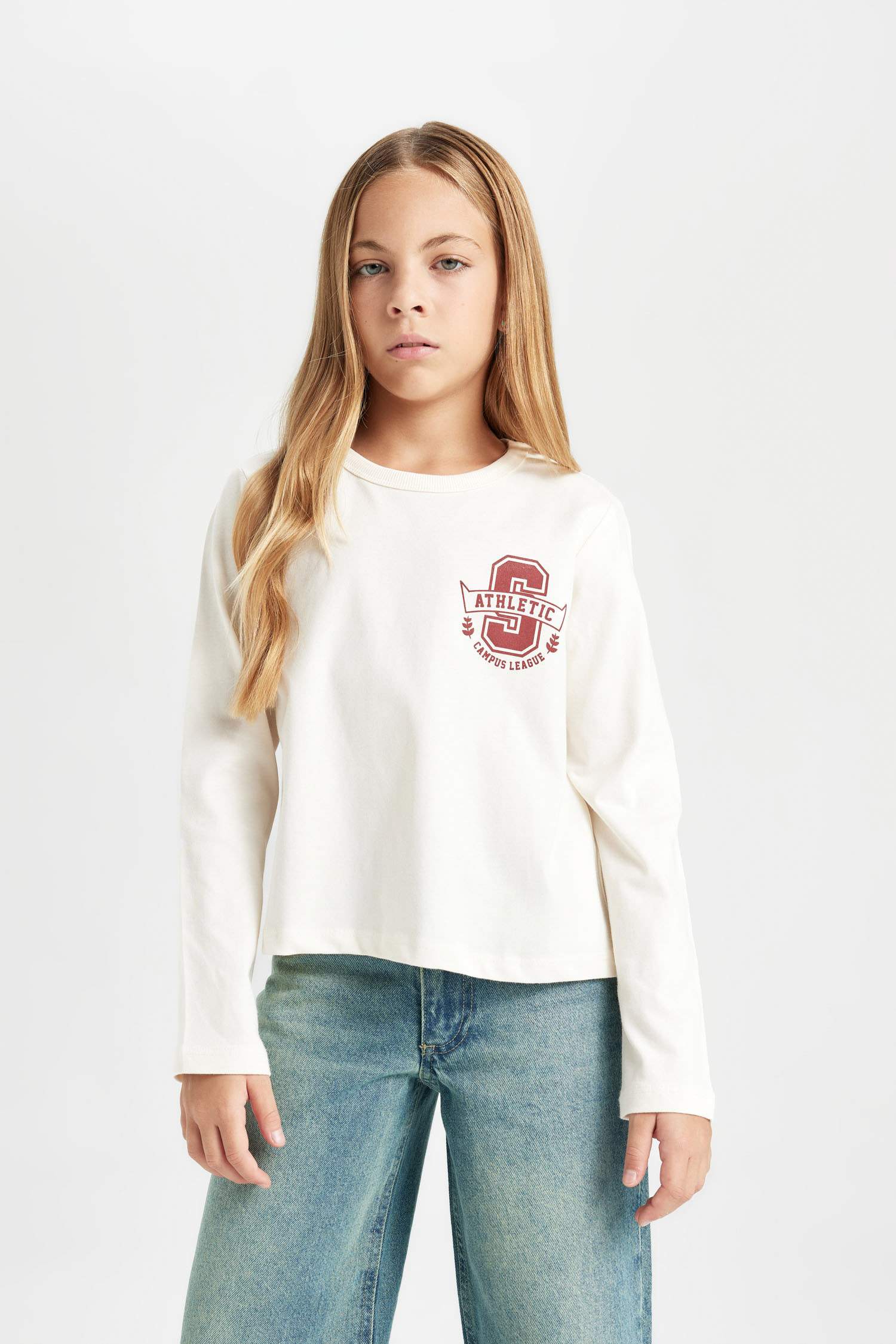 Girls Relax Fit Crew Neck Printed Long Sleeve School T-Shirt