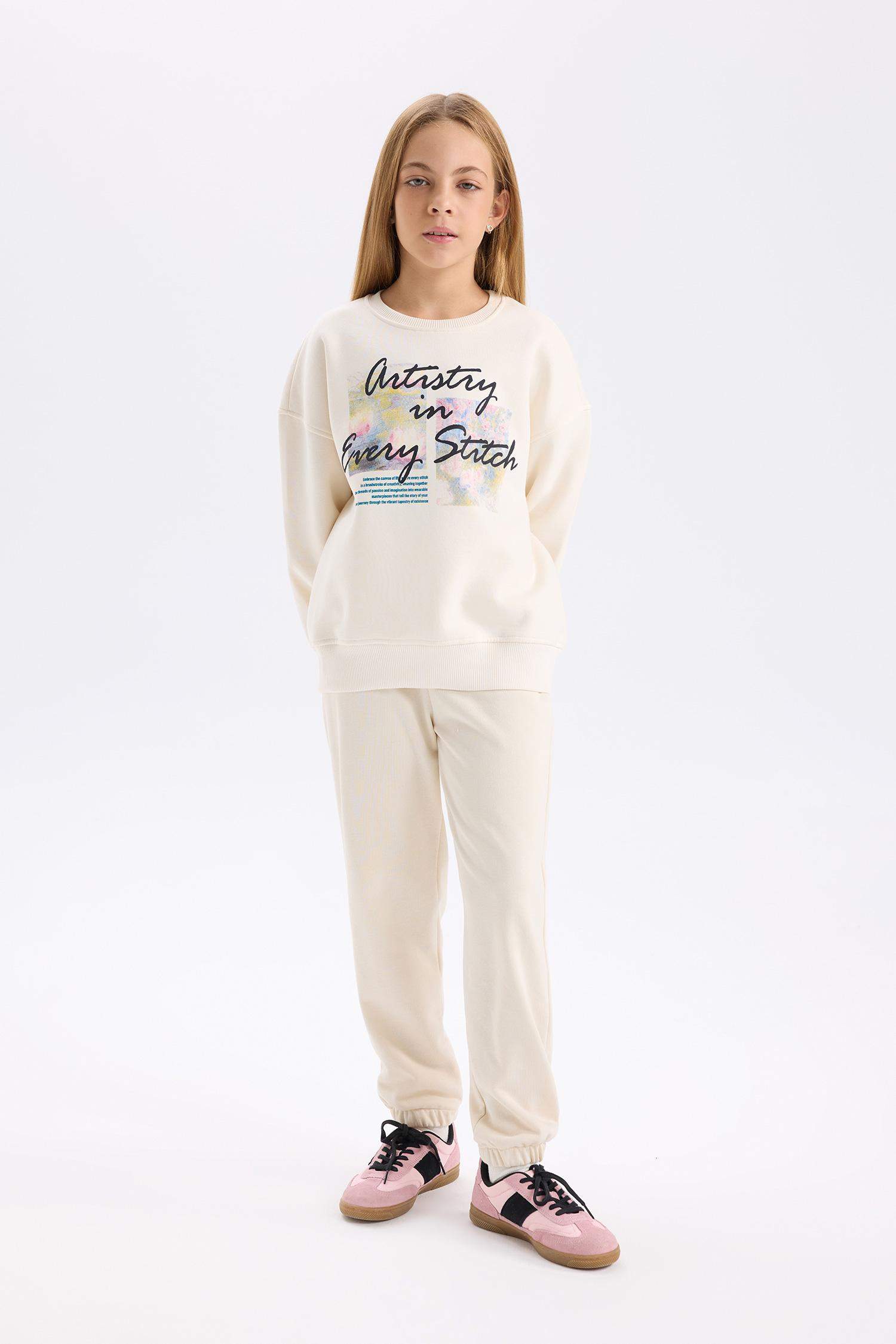 Girls Oversize Wide-Mould Crew Neck Printed Sweatshirt with Soft Furry Inside