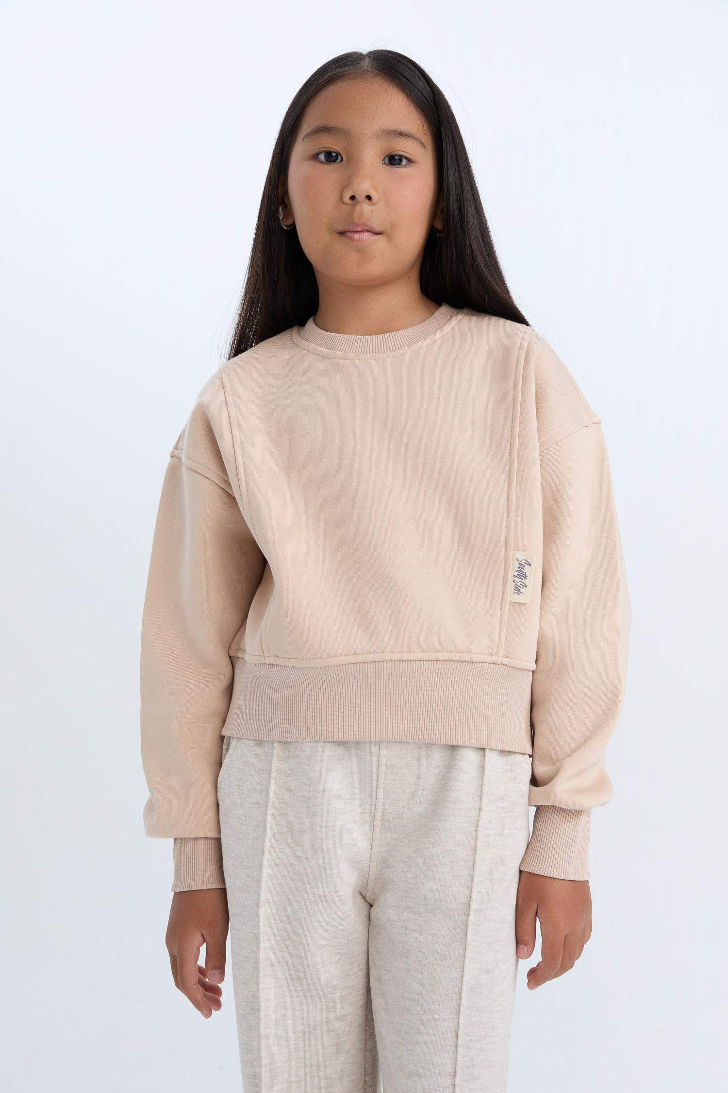 Girls Relax Fit Crew Neck Basic Plain Sweatshirt with Soft Fleece Lining