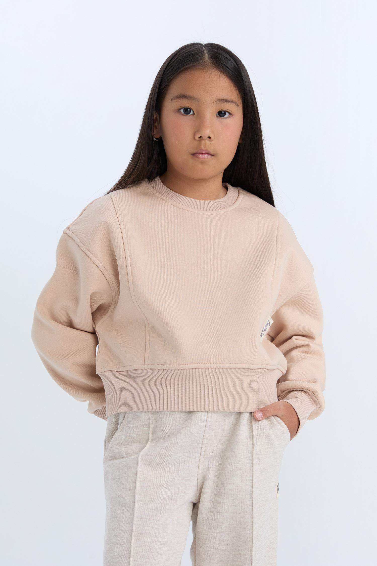 Girls Relax Fit Crew Neck Basic Plain Sweatshirt with Soft Fleece Lining
