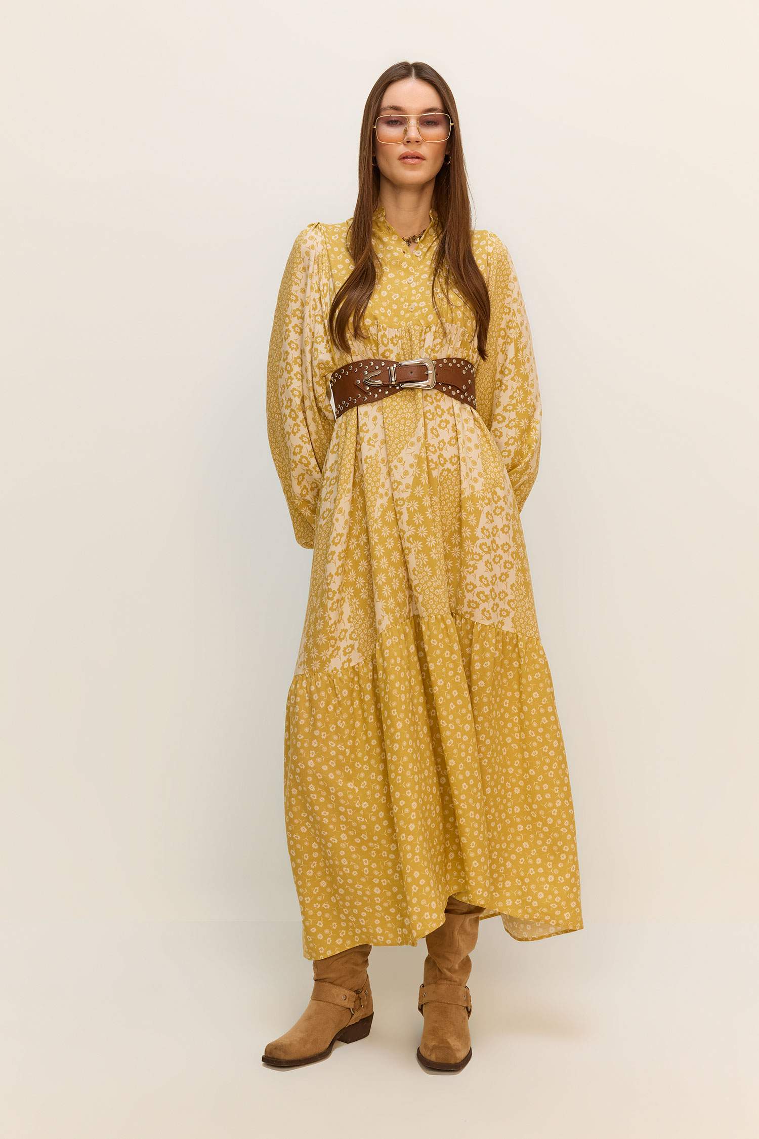 Patterned Belted Long Sleeve Maxi Dress