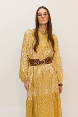 Patterned Belted Long Sleeve Maxi Dress