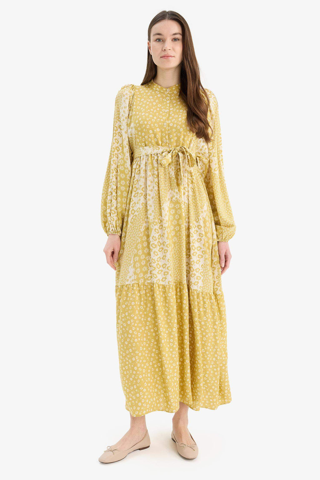 Patterned Belted Long Sleeve Maxi Dress