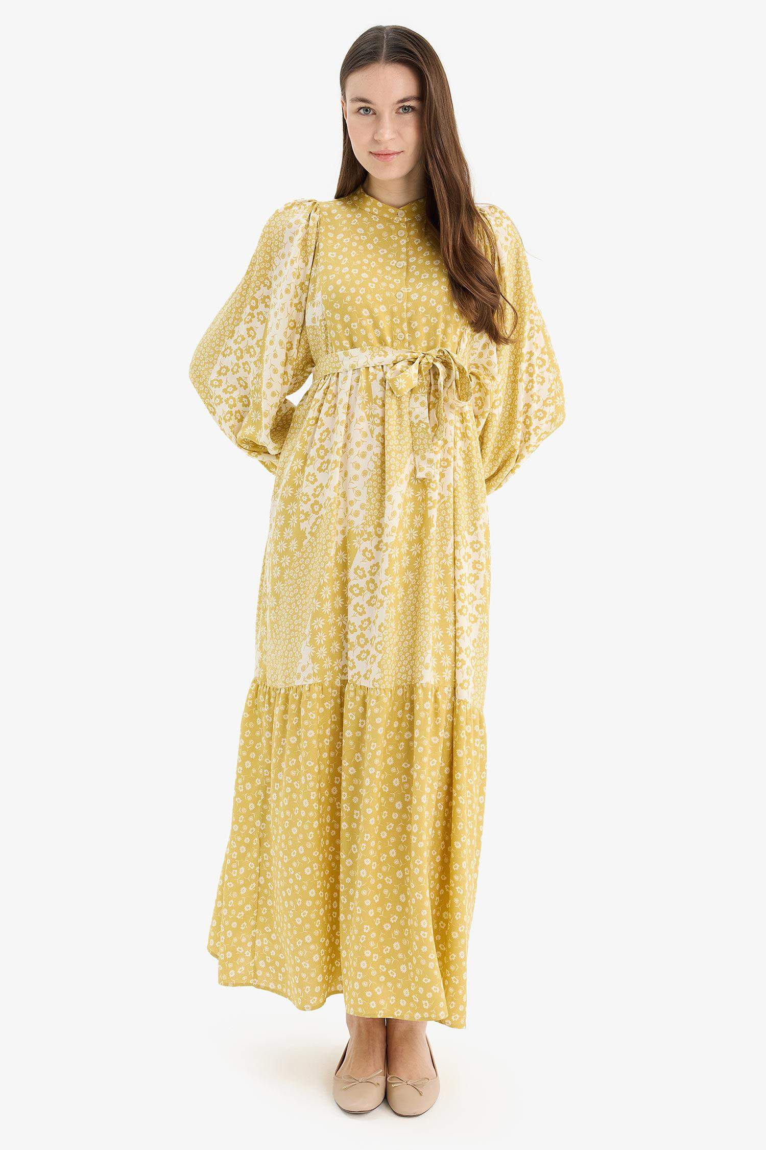 Patterned Belted Long Sleeve Maxi Dress