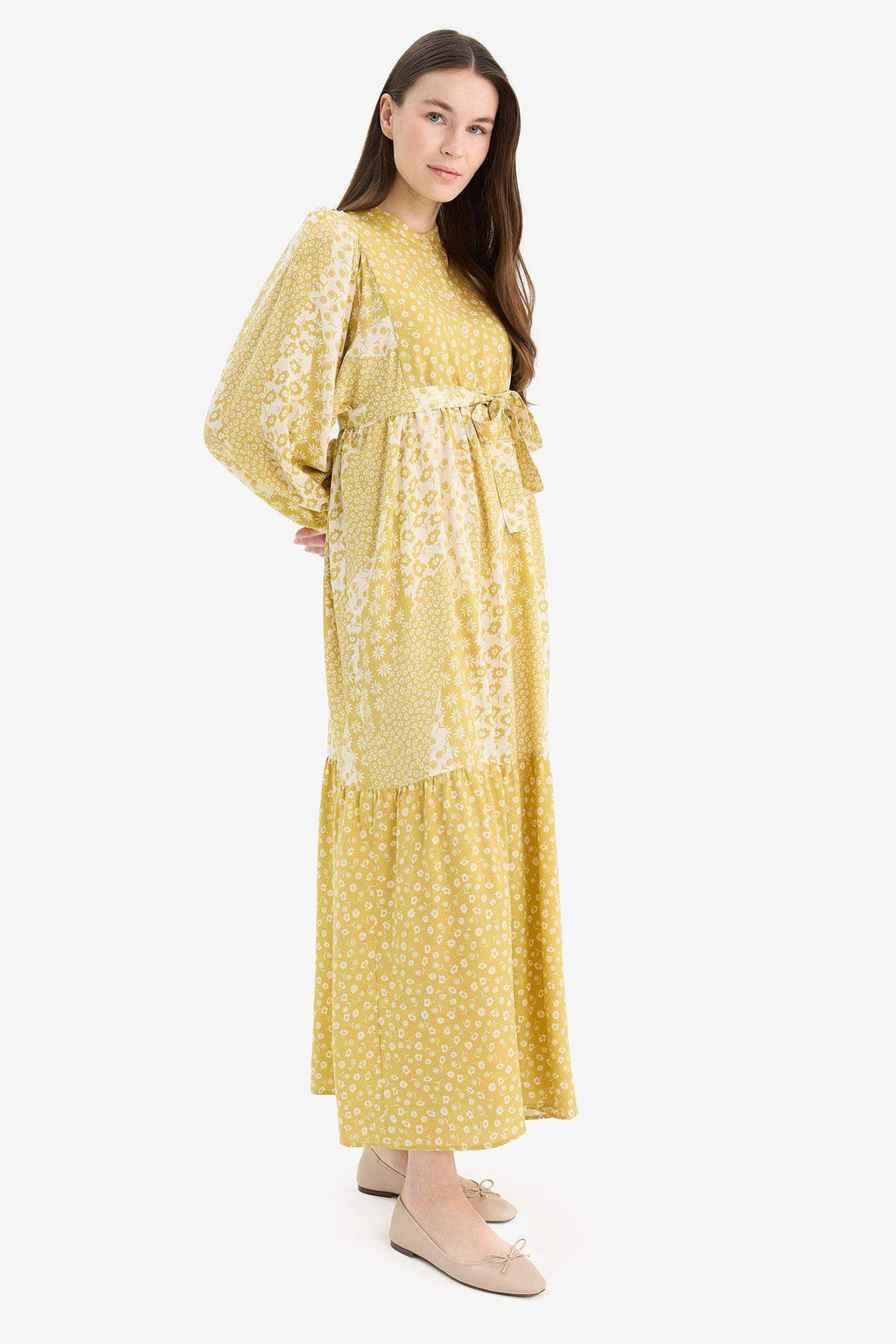 Patterned Belted Long Sleeve Maxi Dress