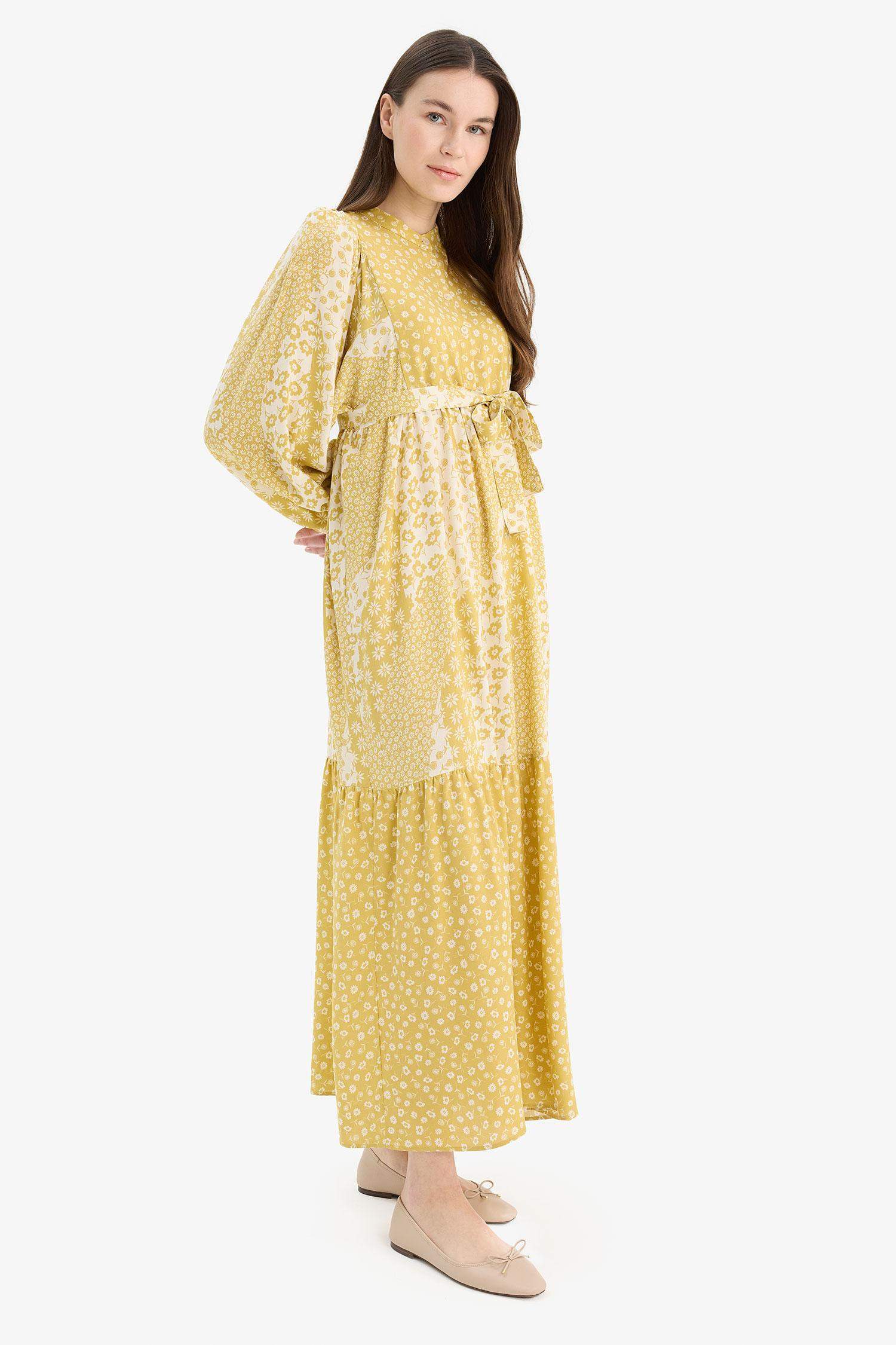 Patterned Belted Long Sleeve Maxi Dress