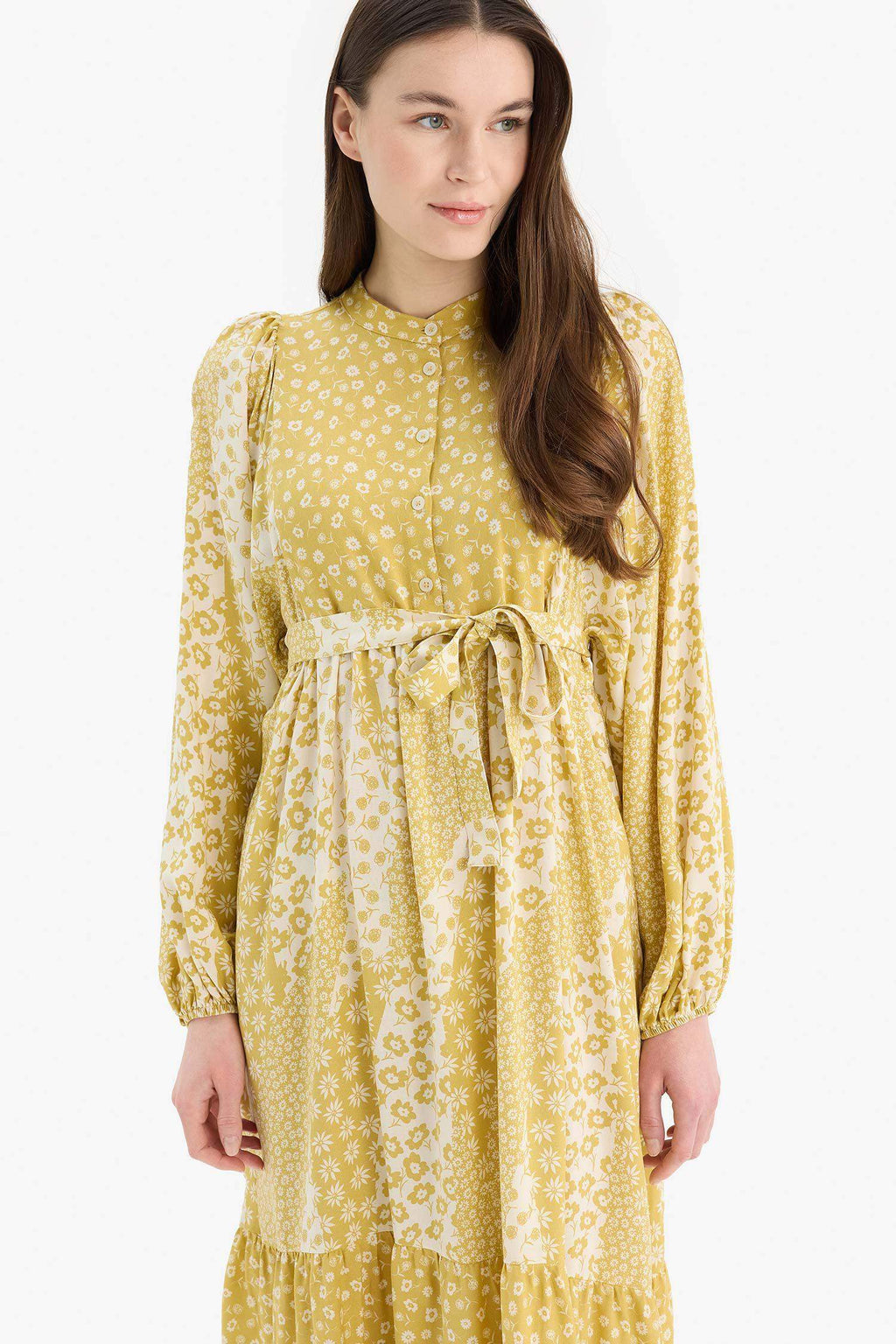 Patterned Belted Long Sleeve Maxi Dress