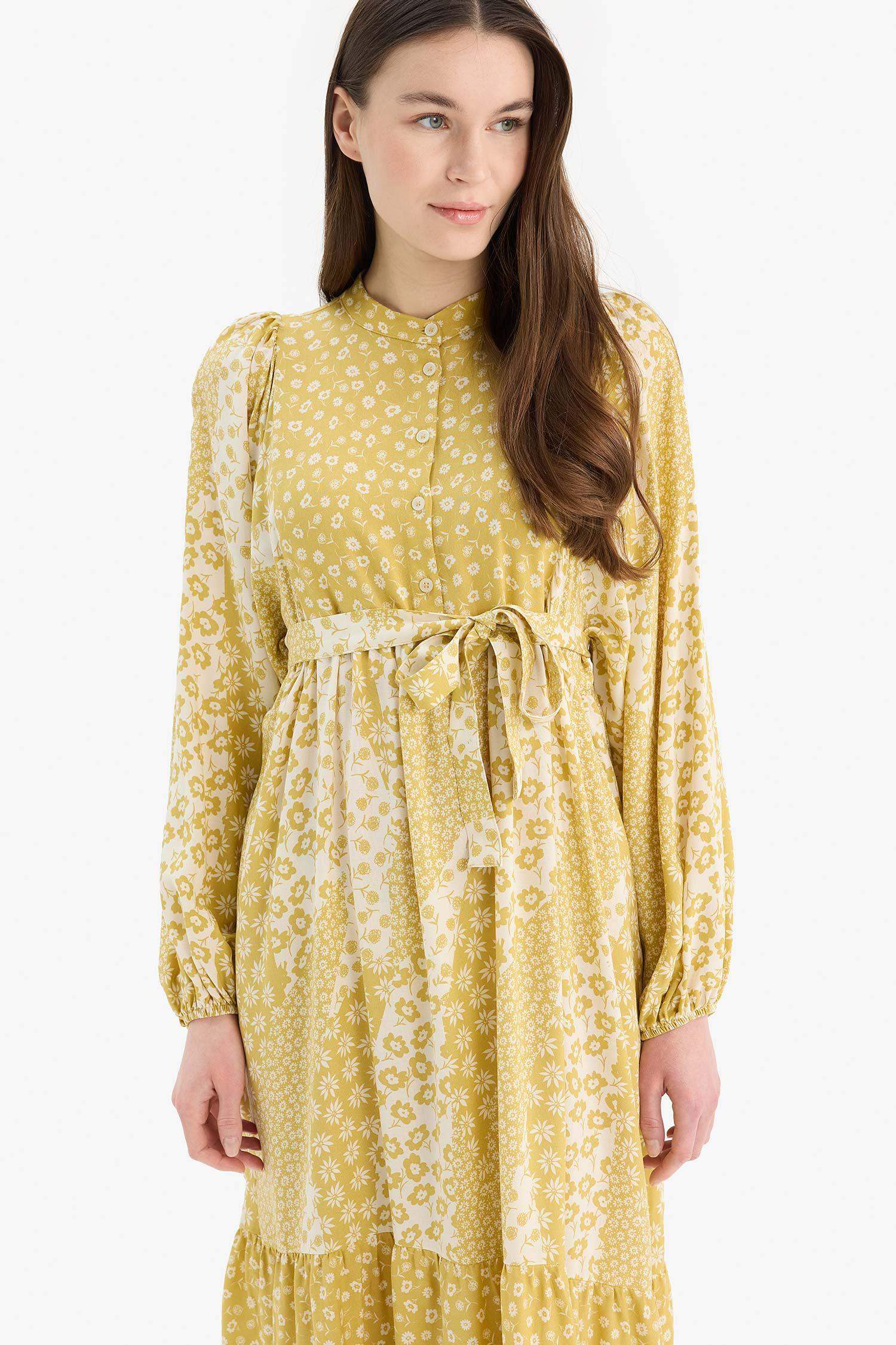 Patterned Belted Long Sleeve Maxi Dress