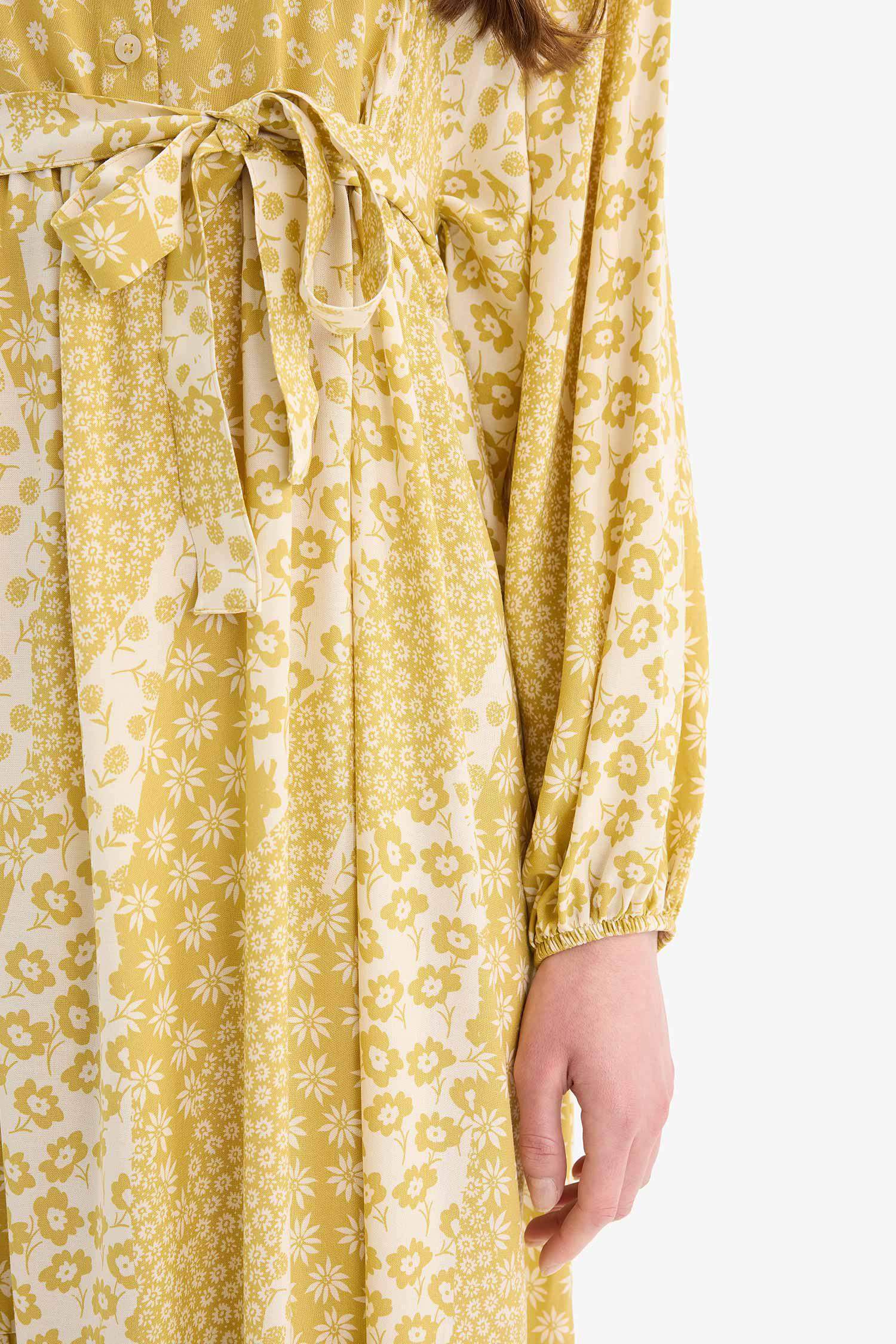 Patterned Belted Long Sleeve Maxi Dress