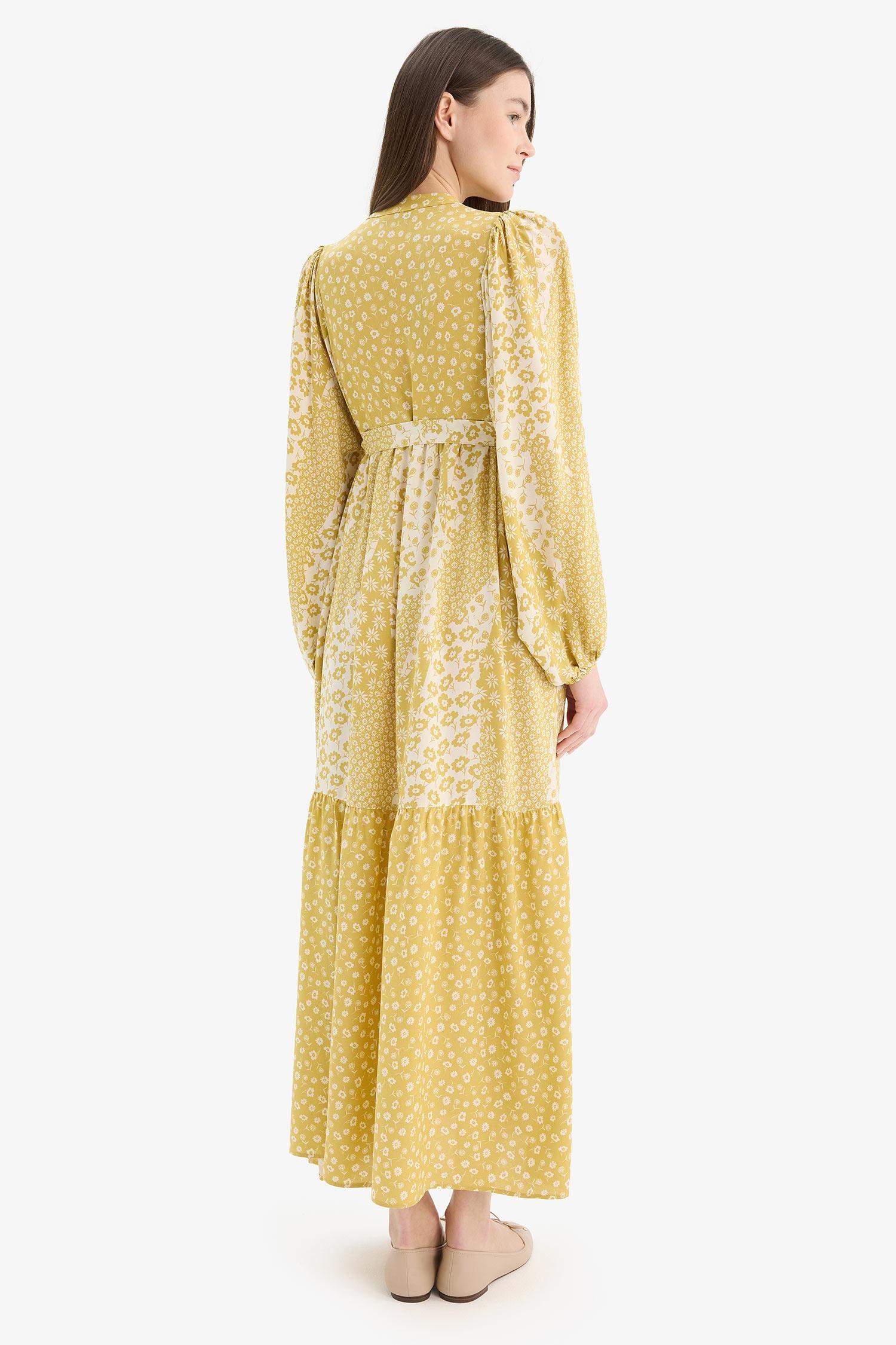 Patterned Belted Long Sleeve Maxi Dress