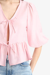 Regular Fit V Neck Modal Front Tie Long Sleeve Blouse