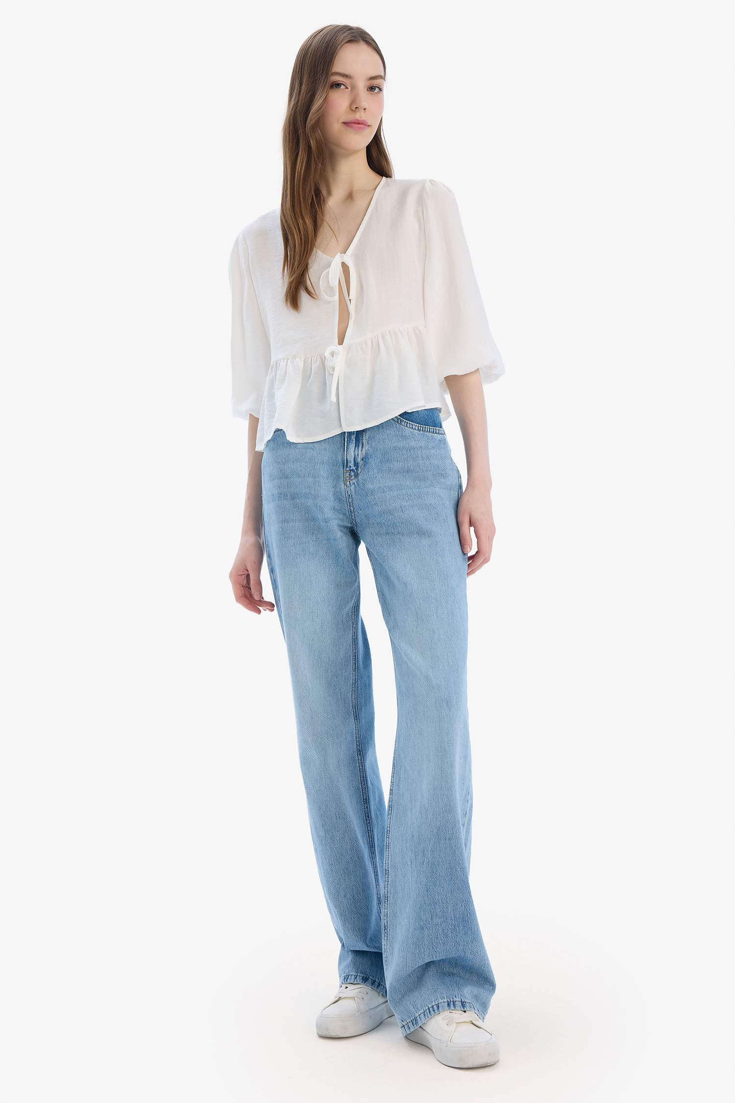 Regular Fit V Neck Modal Front Tie Long Sleeve Blouse