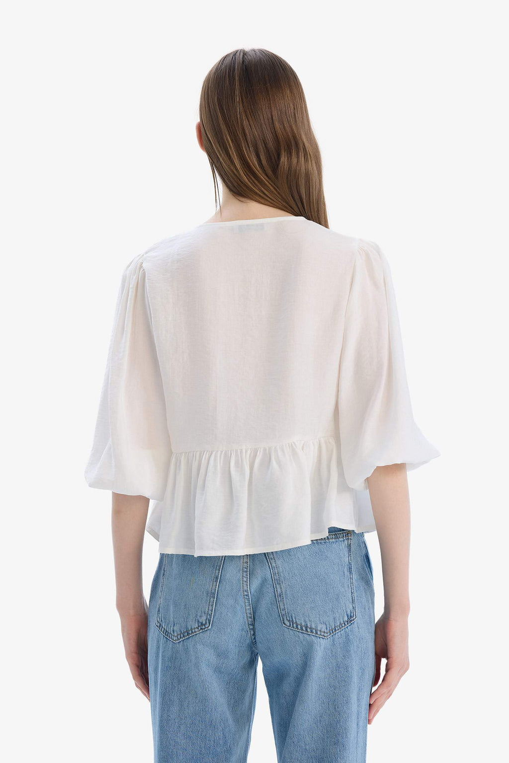 Regular Fit V Neck Modal Front Tie Long Sleeve Blouse