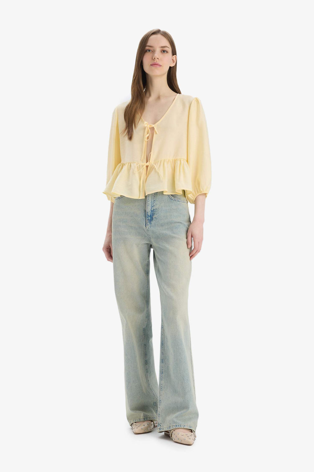 Regular Fit V Neck Modal Front Tie Long Sleeve Blouse