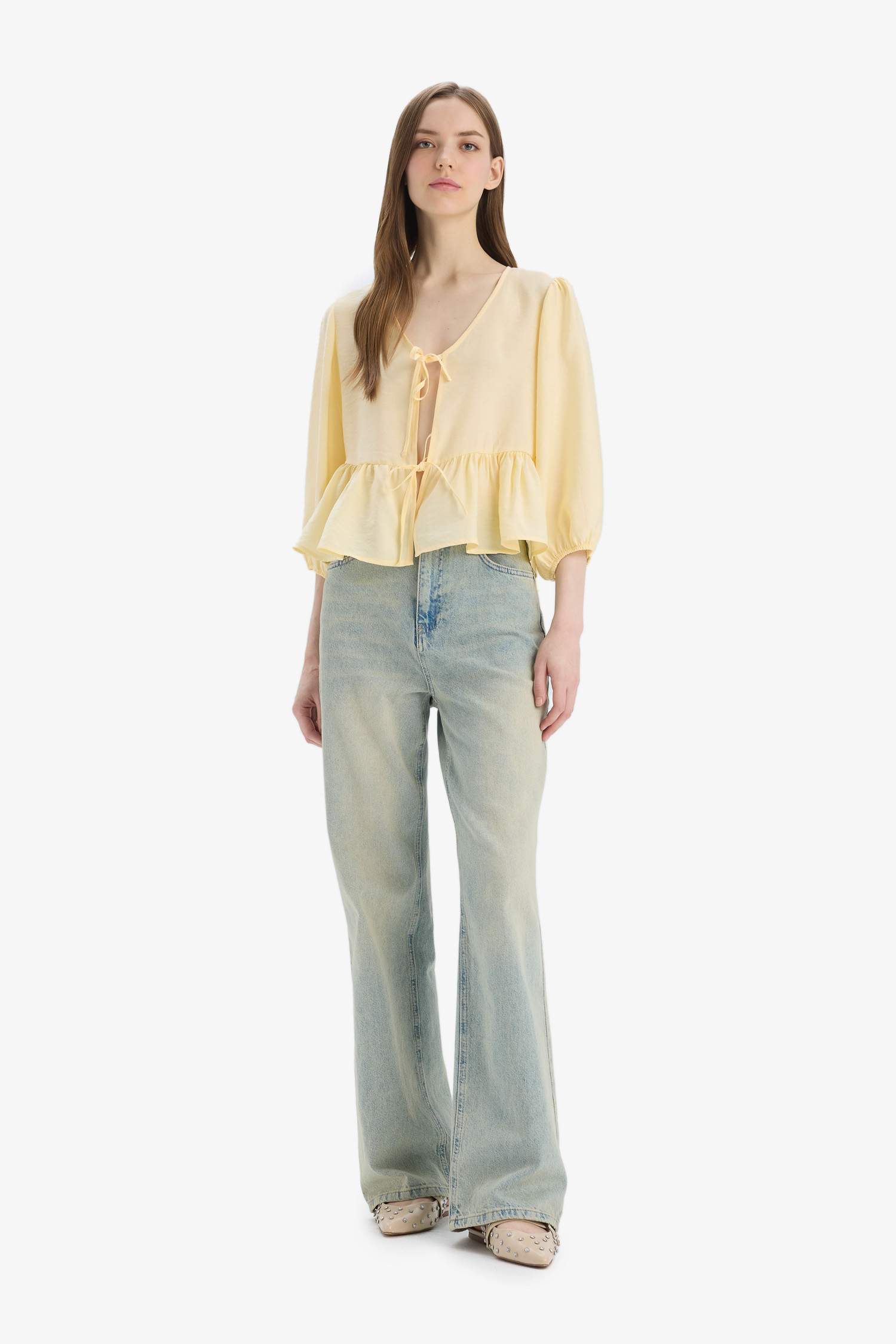 Regular Fit V Neck Modal Front Tie Long Sleeve Blouse