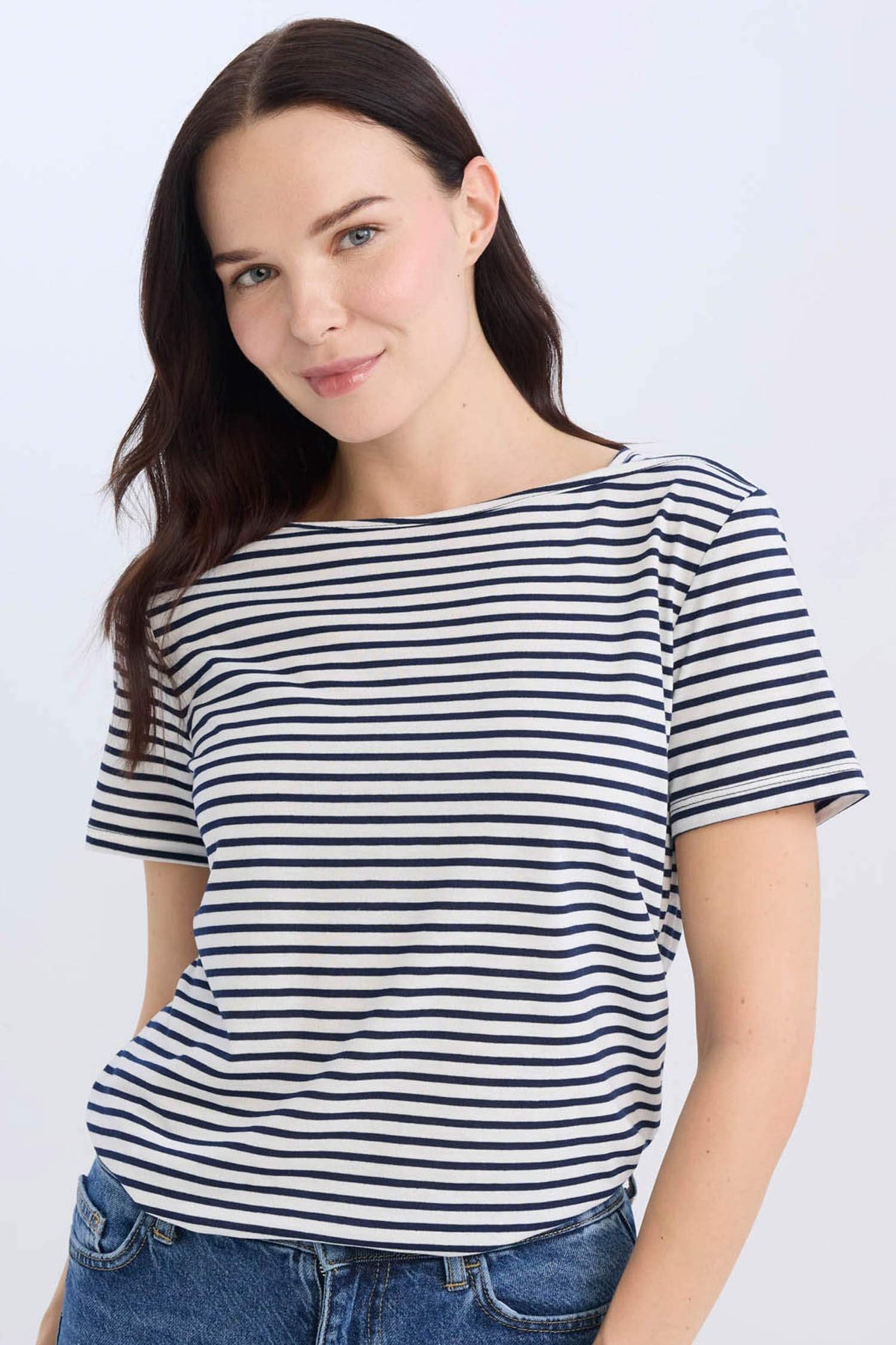 Regular Fit Boat Neck Striped Short Sleeve T-Shirt