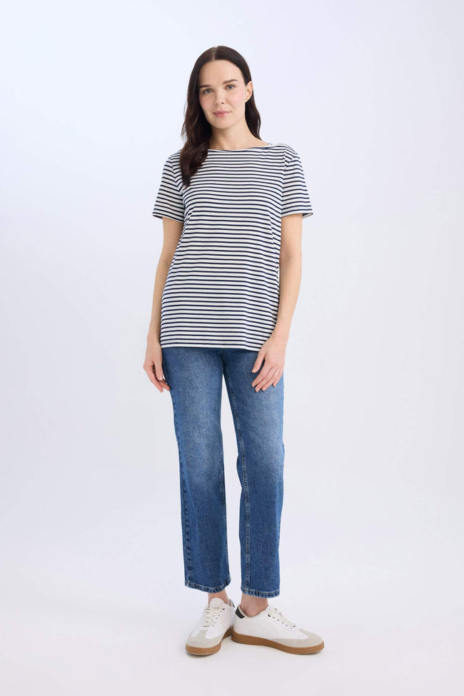 Regular Fit Boat Neck Striped Short Sleeve T-Shirt Main Image