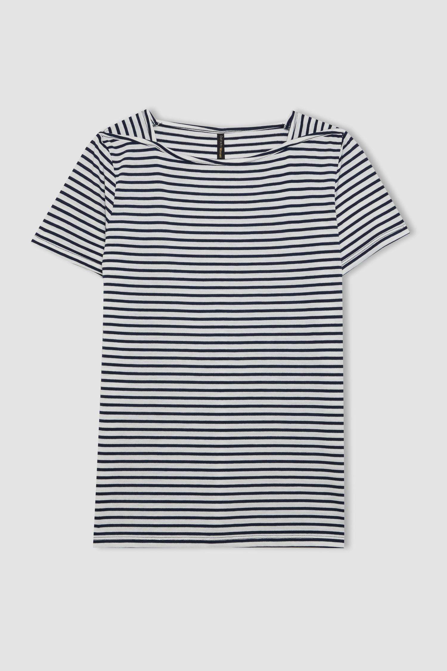 Regular Fit Boat Neck Striped Short Sleeve T-Shirt