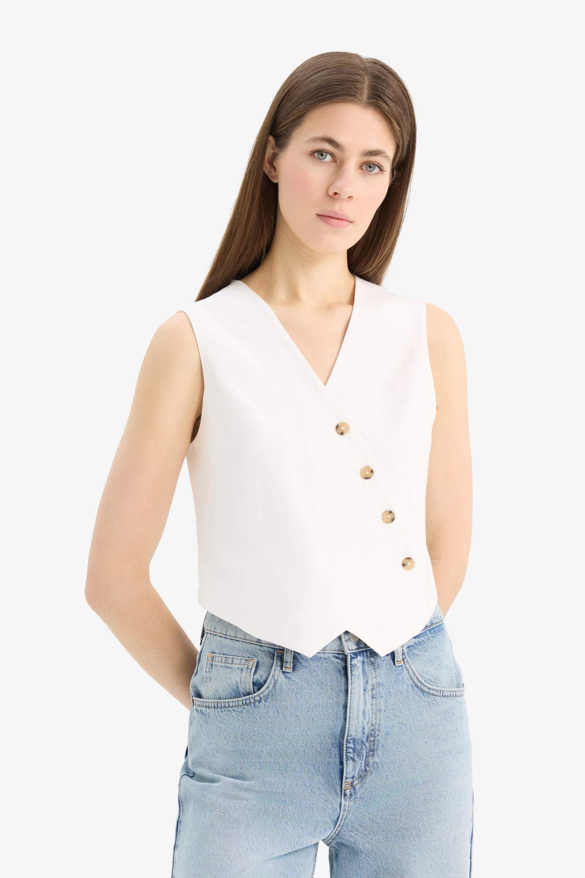 Regular Fit V Neck Cross Button Tencel Blazer Vest