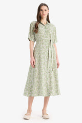 A Cut Shirt Collar Patterned Lace-Up Short Sleeve Midi Dress