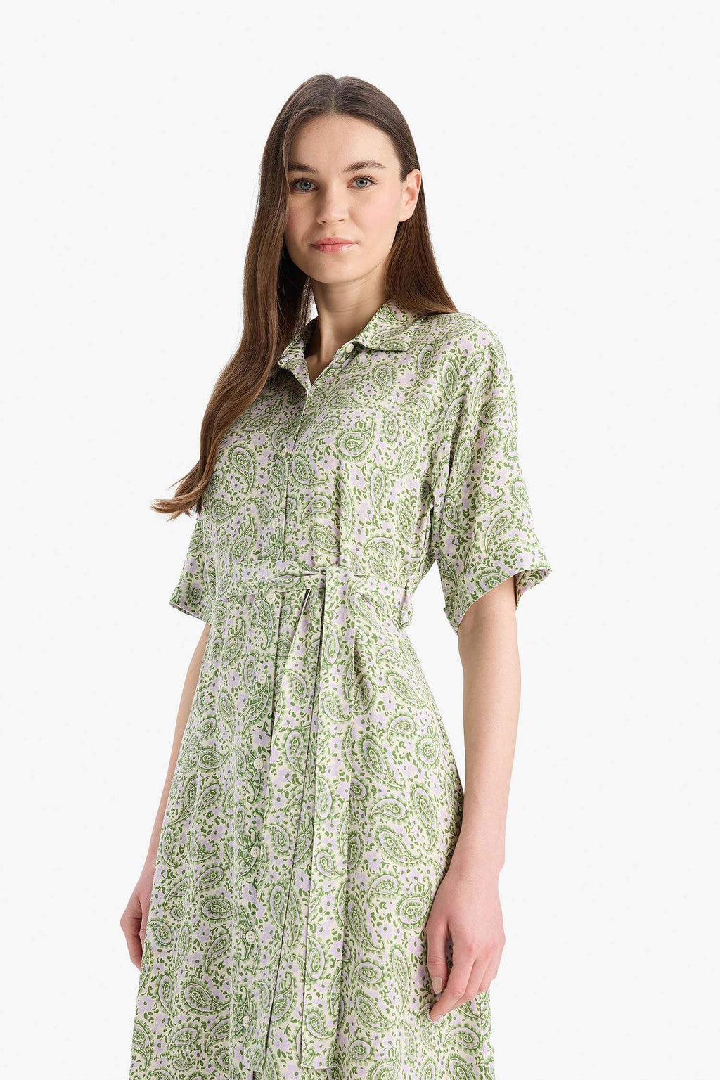 A Cut Shirt Collar Patterned Lace-Up Short Sleeve Midi Dress
