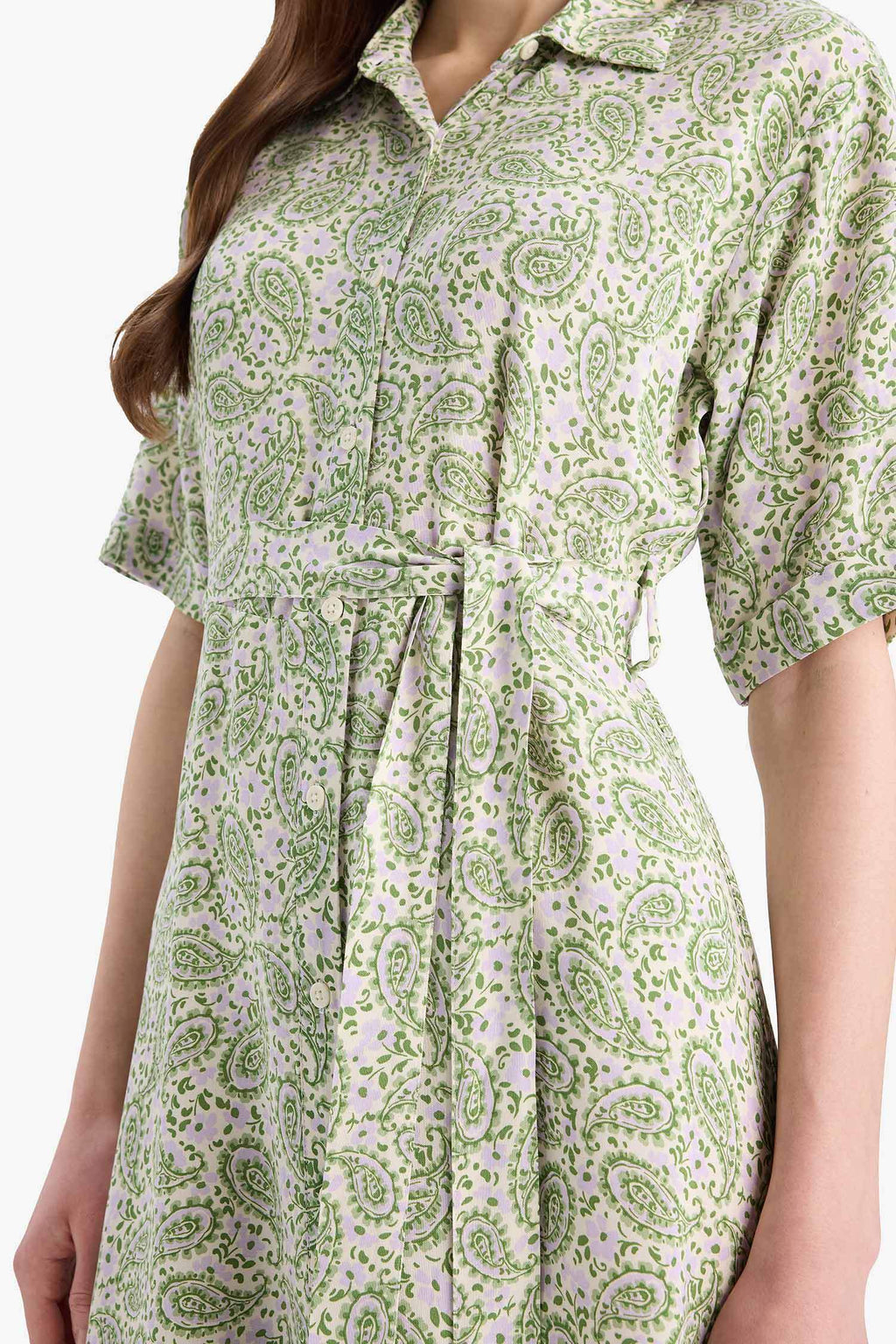A Cut Shirt Collar Patterned Lace-Up Short Sleeve Midi Dress