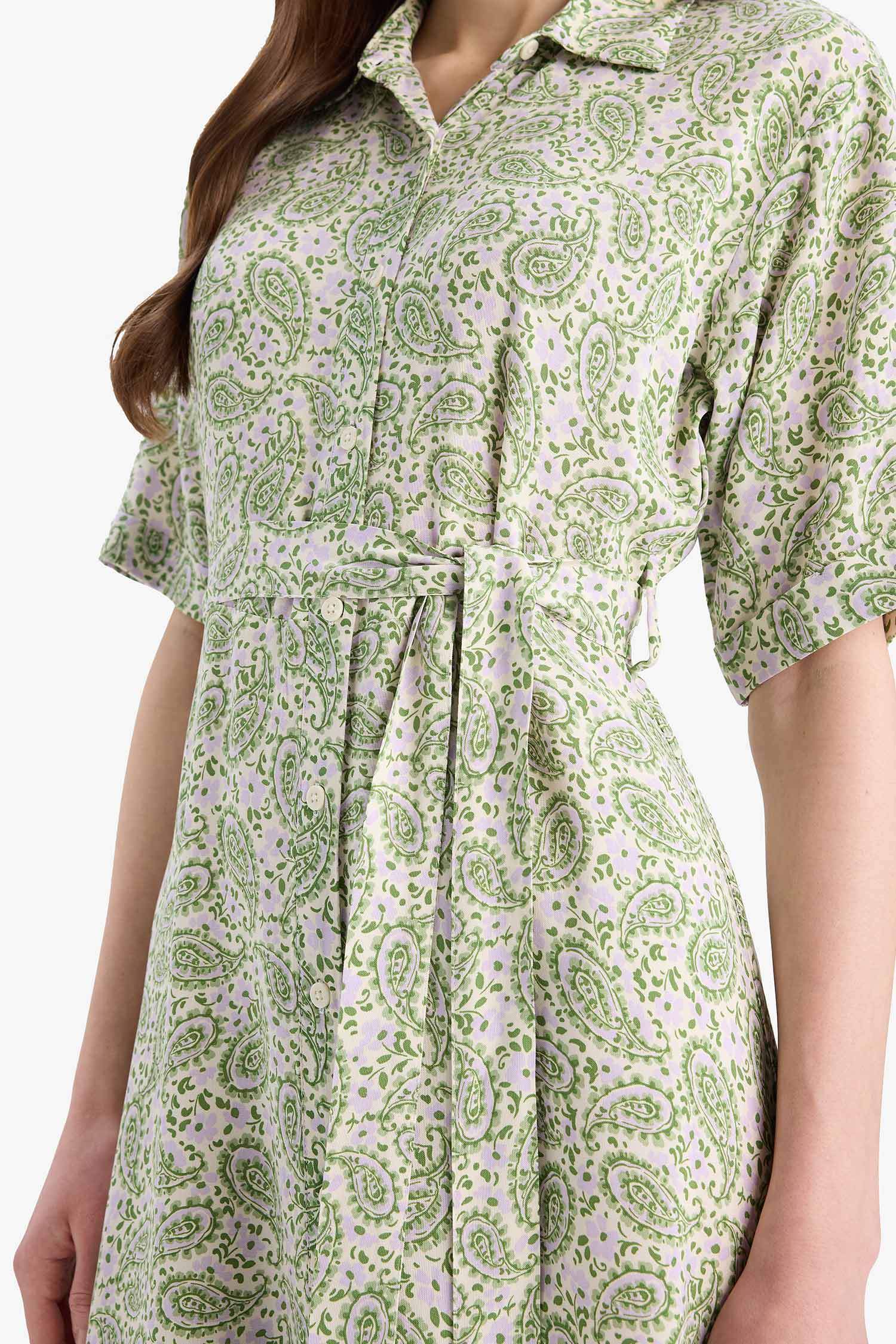 A Cut Shirt Collar Patterned Lace-Up Short Sleeve Midi Dress