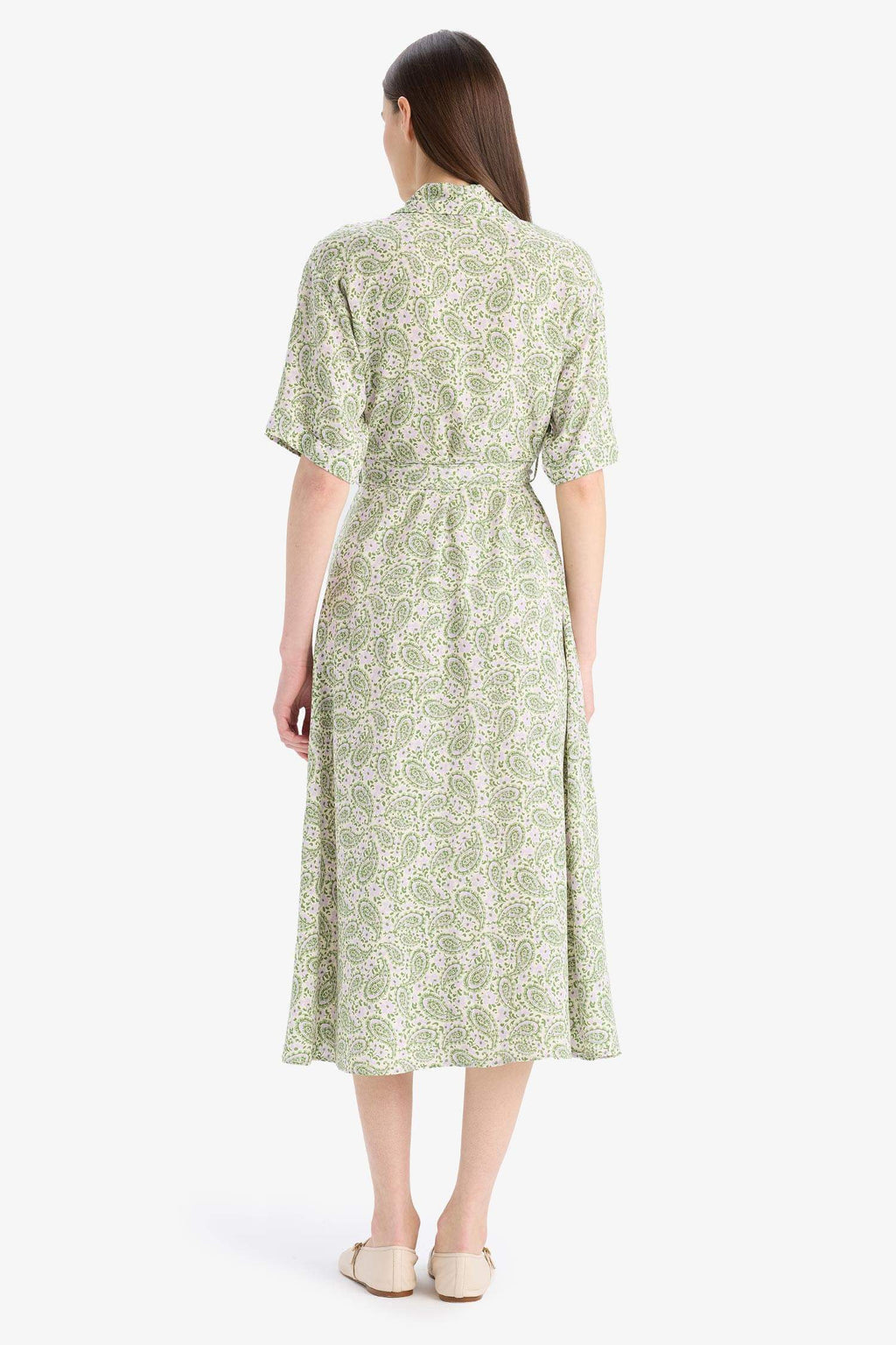 A Cut Shirt Collar Patterned Lace-Up Short Sleeve Midi Dress