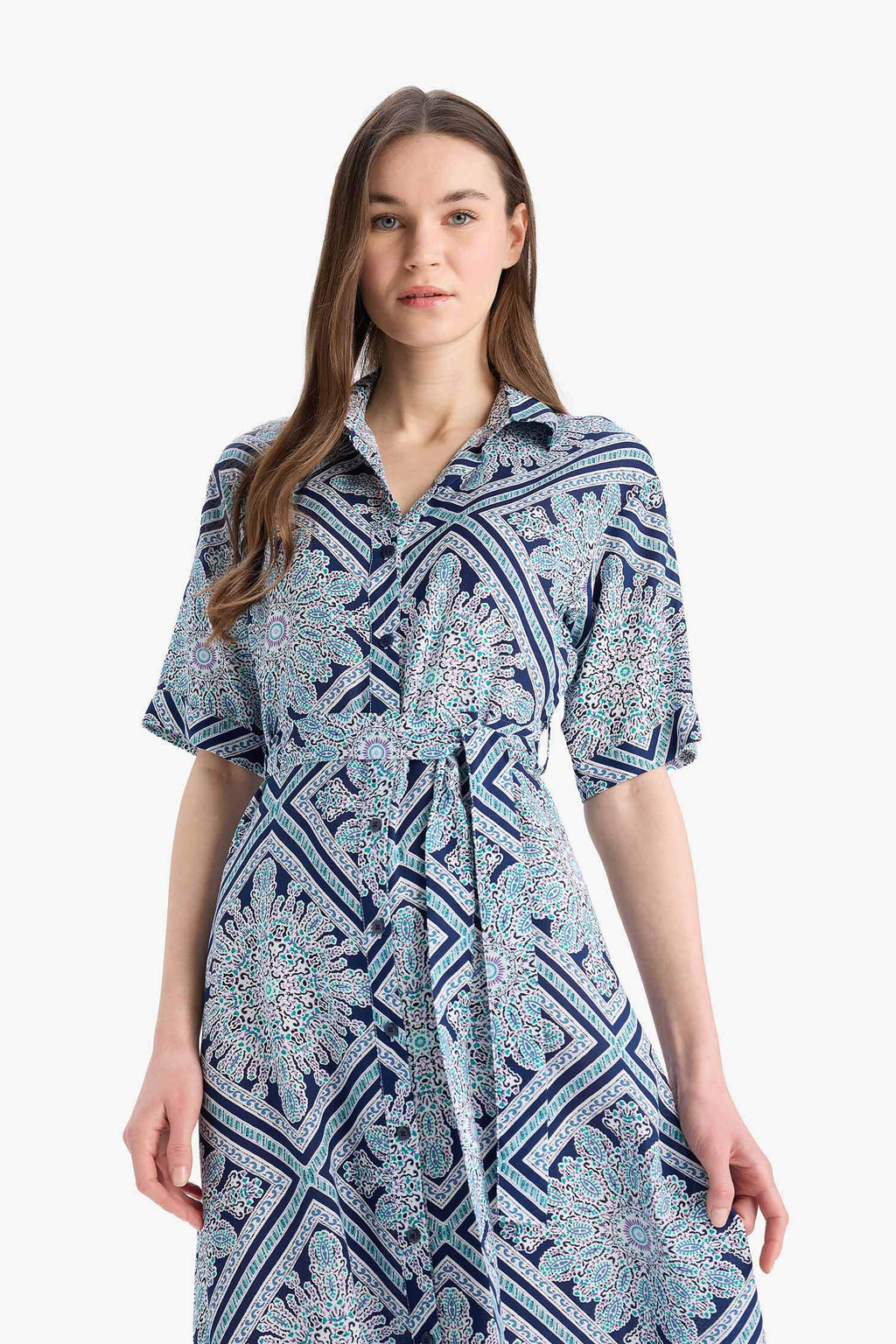 A Cut Shirt Collar Patterned Lace-Up Short Sleeve Midi Dress