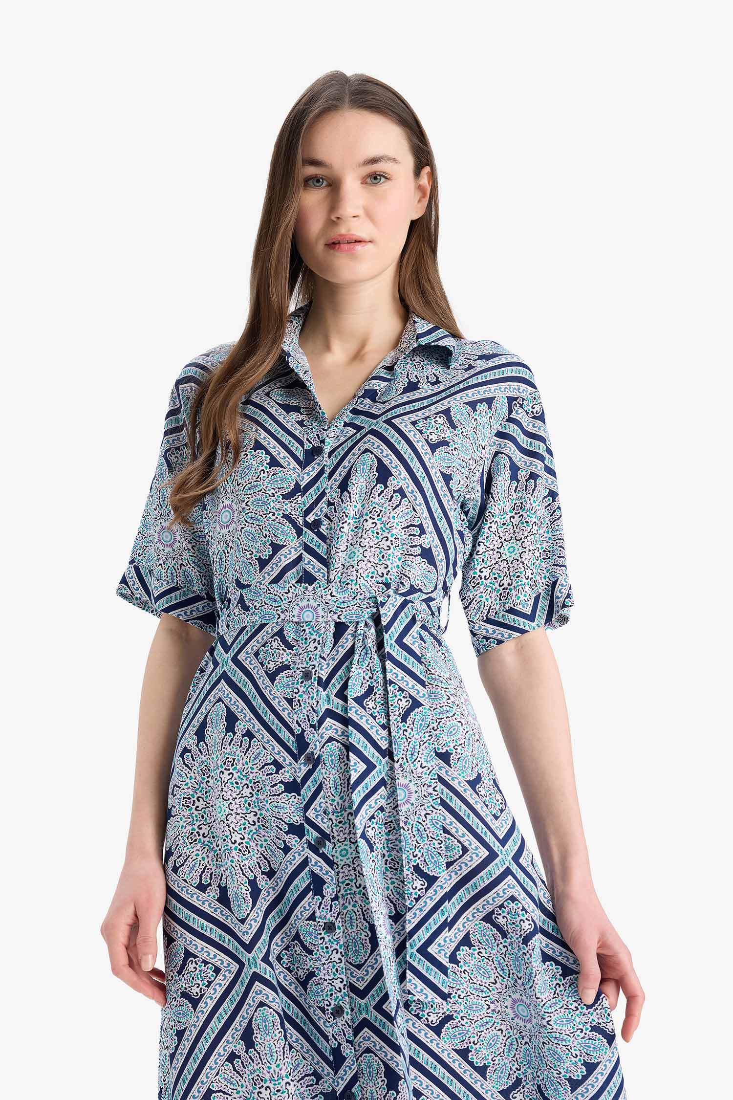 A Cut Shirt Collar Patterned Lace-Up Short Sleeve Midi Dress