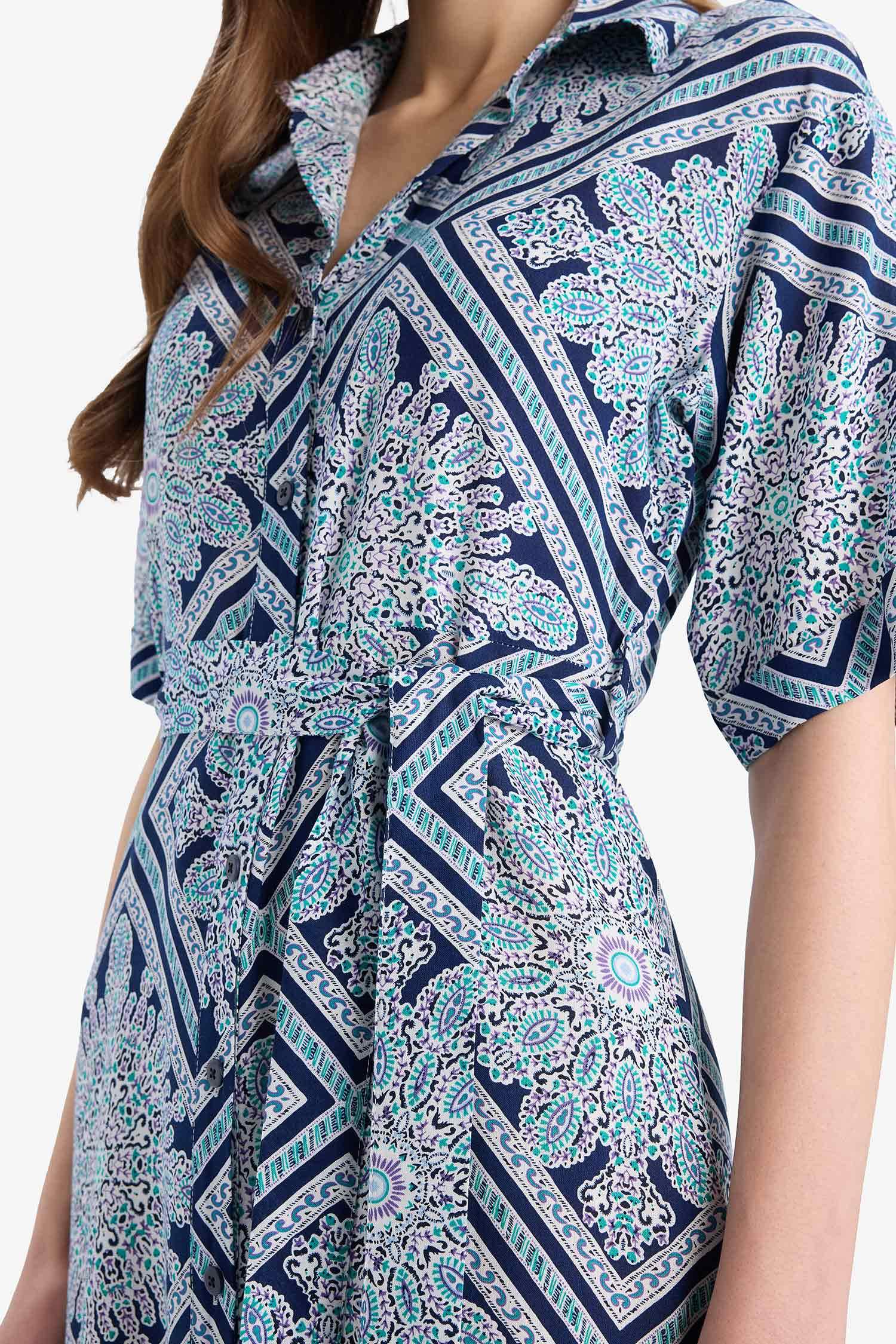 A Cut Shirt Collar Patterned Lace-Up Short Sleeve Midi Dress