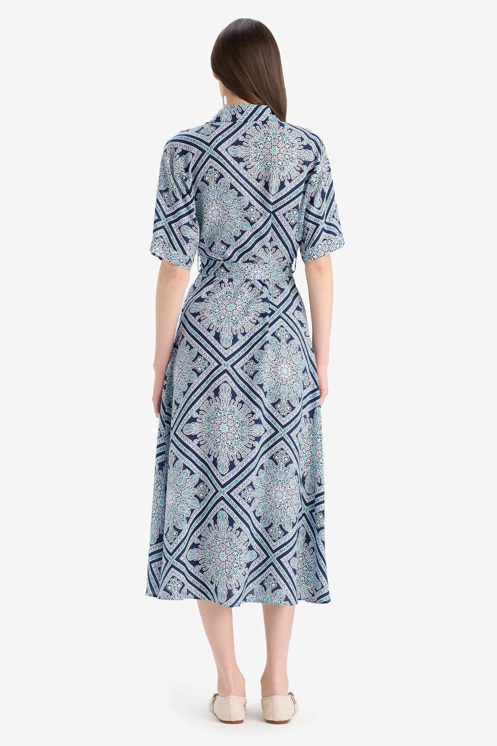 A Cut Shirt Collar Patterned Lace-Up Short Sleeve Midi Dress