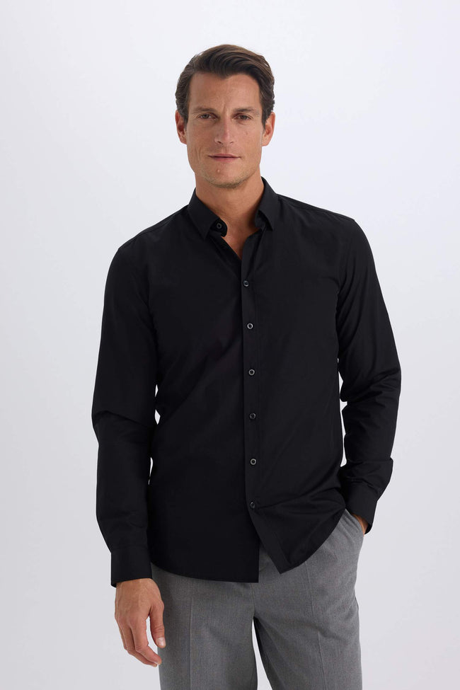Slim Fit Polo Collar Poplin Long Sleeve Shirt Hover Image