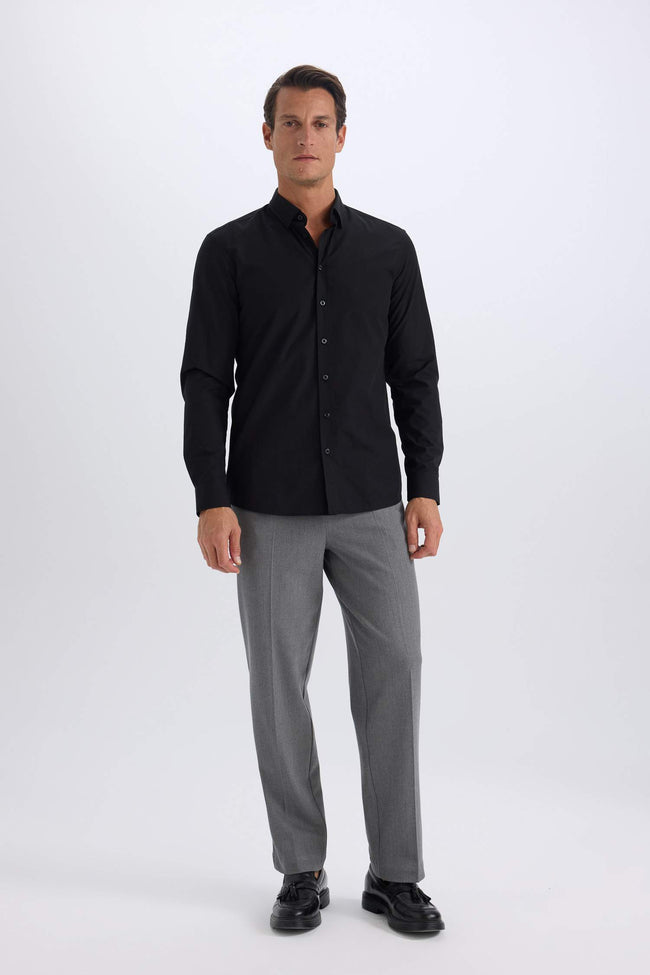 Slim Fit Polo Collar Poplin Long Sleeve Shirt Main Image