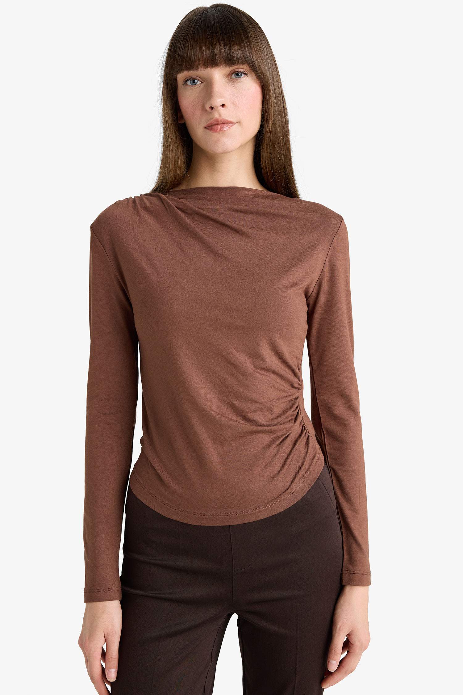Slim Fit Narrow Cut Boat Neck Long Sleeve Blouse