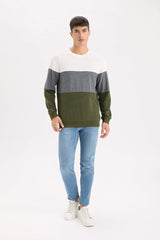 Regular Fit Crew Neck Color Block Jacquard Sweatshirt