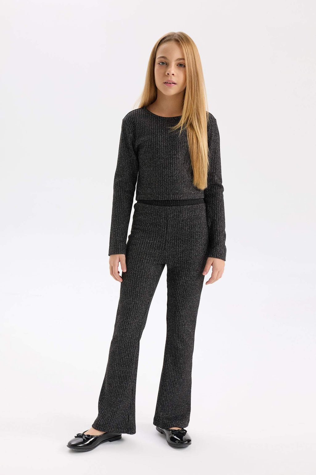 Girls 2-Piece Set Shiny Fabric Long Sleeve Top Bell-bottom