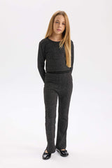 Girls 2-Piece Set Shiny Fabric Long Sleeve Top Bell-bottom