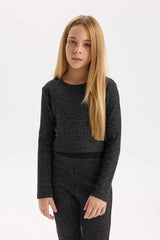 Girls 2-Piece Set Shiny Fabric Long Sleeve Top Bell-bottom