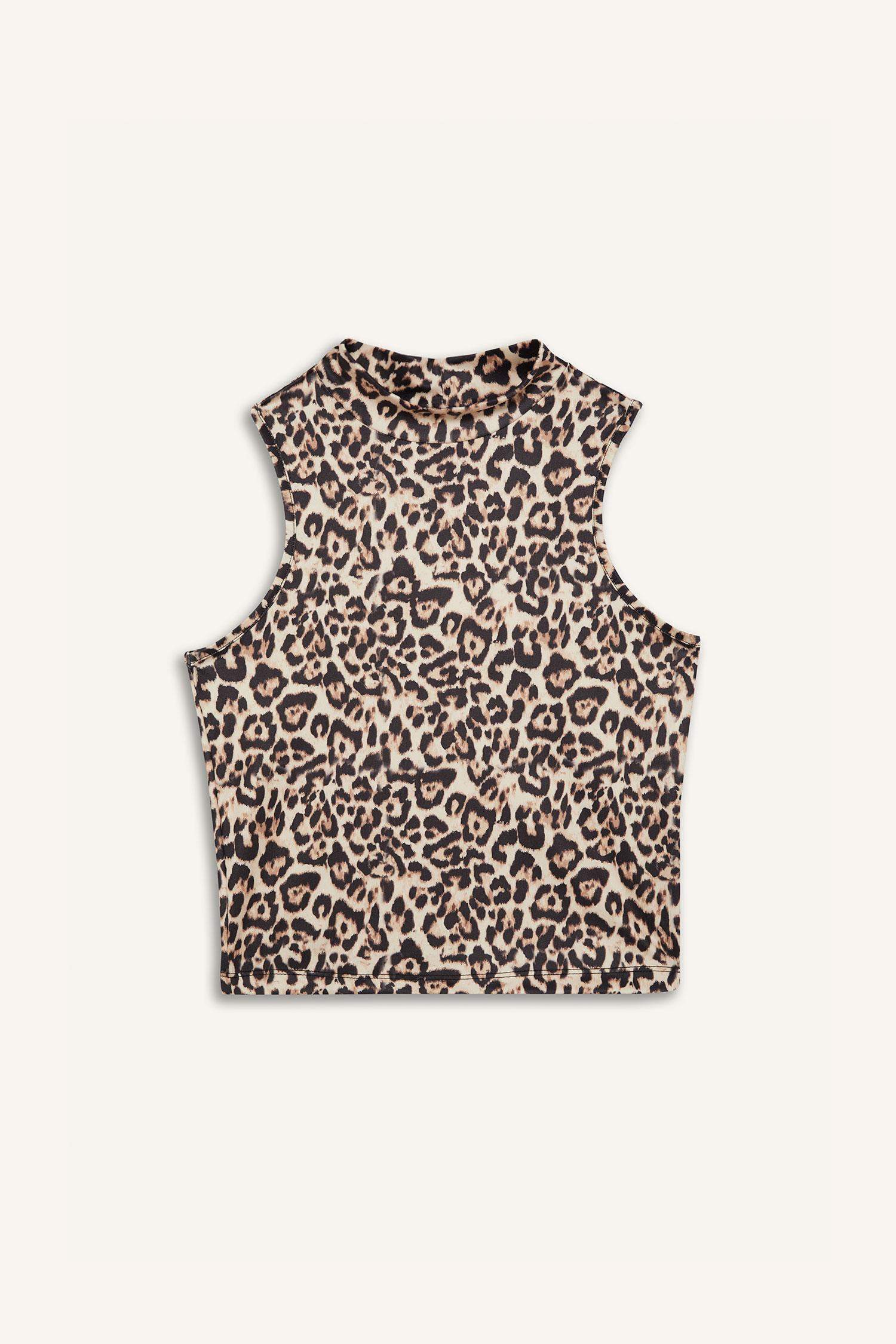 Slim Fit Leopard Patterned Half Turtleneck Tank Top
