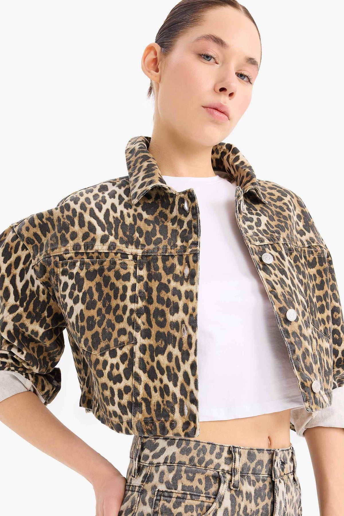 Oversize Fit Animal Patterned Gabardine Long Sleeve Shirt