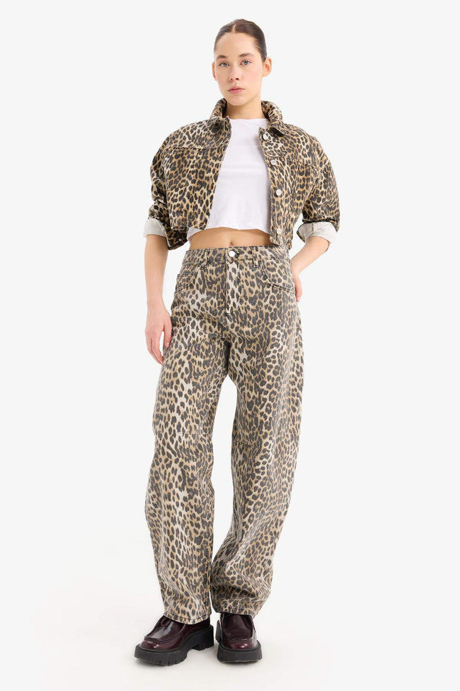 Oversize Fit Animal Patterned Gabardine Long Sleeve Shirt Main Image