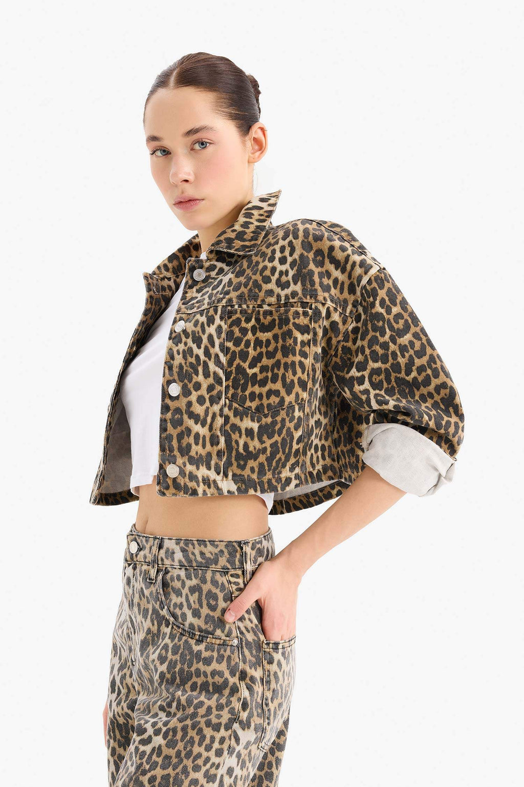 Oversize Fit Animal Patterned Gabardine Long Sleeve Shirt