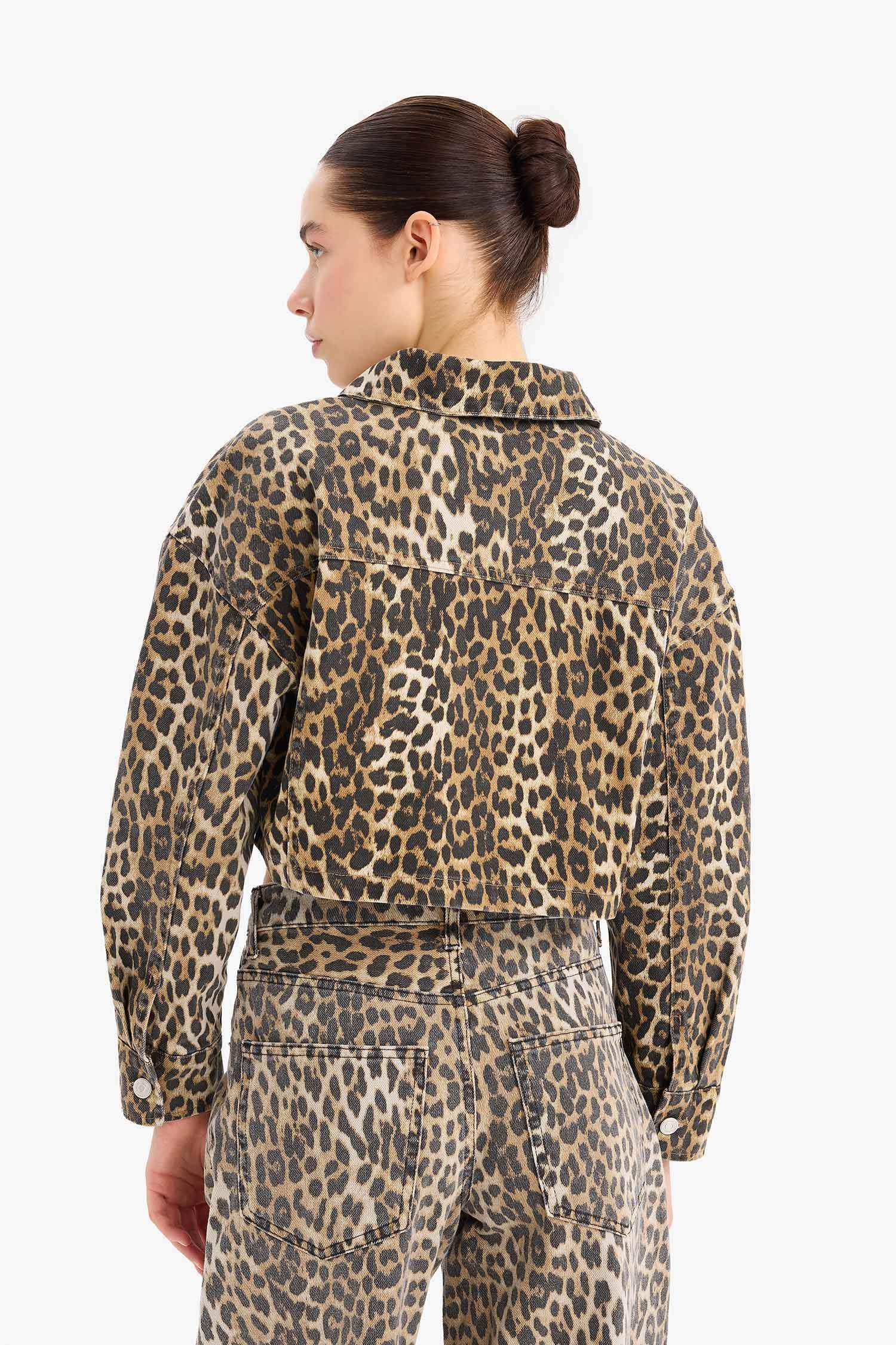 Oversize Fit Animal Patterned Gabardine Long Sleeve Shirt