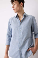 Regular Fit Polo Collar Striped Linen Long Sleeve Shirt