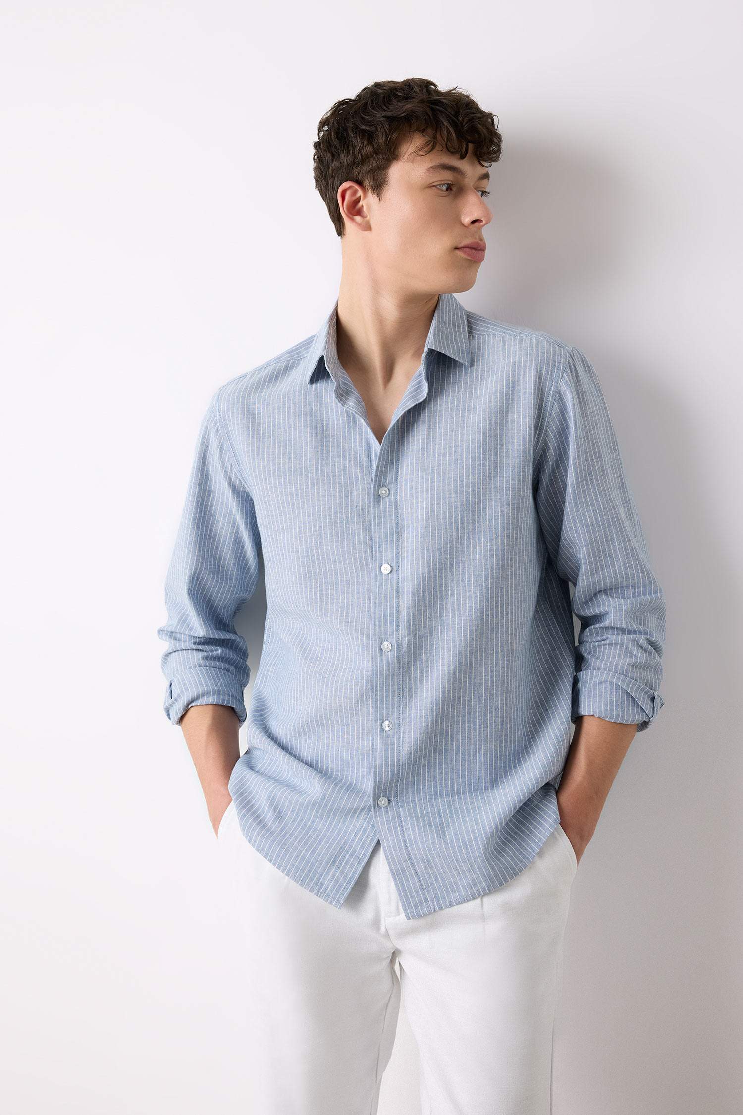 Regular Fit Polo Collar Striped Linen Long Sleeve Shirt