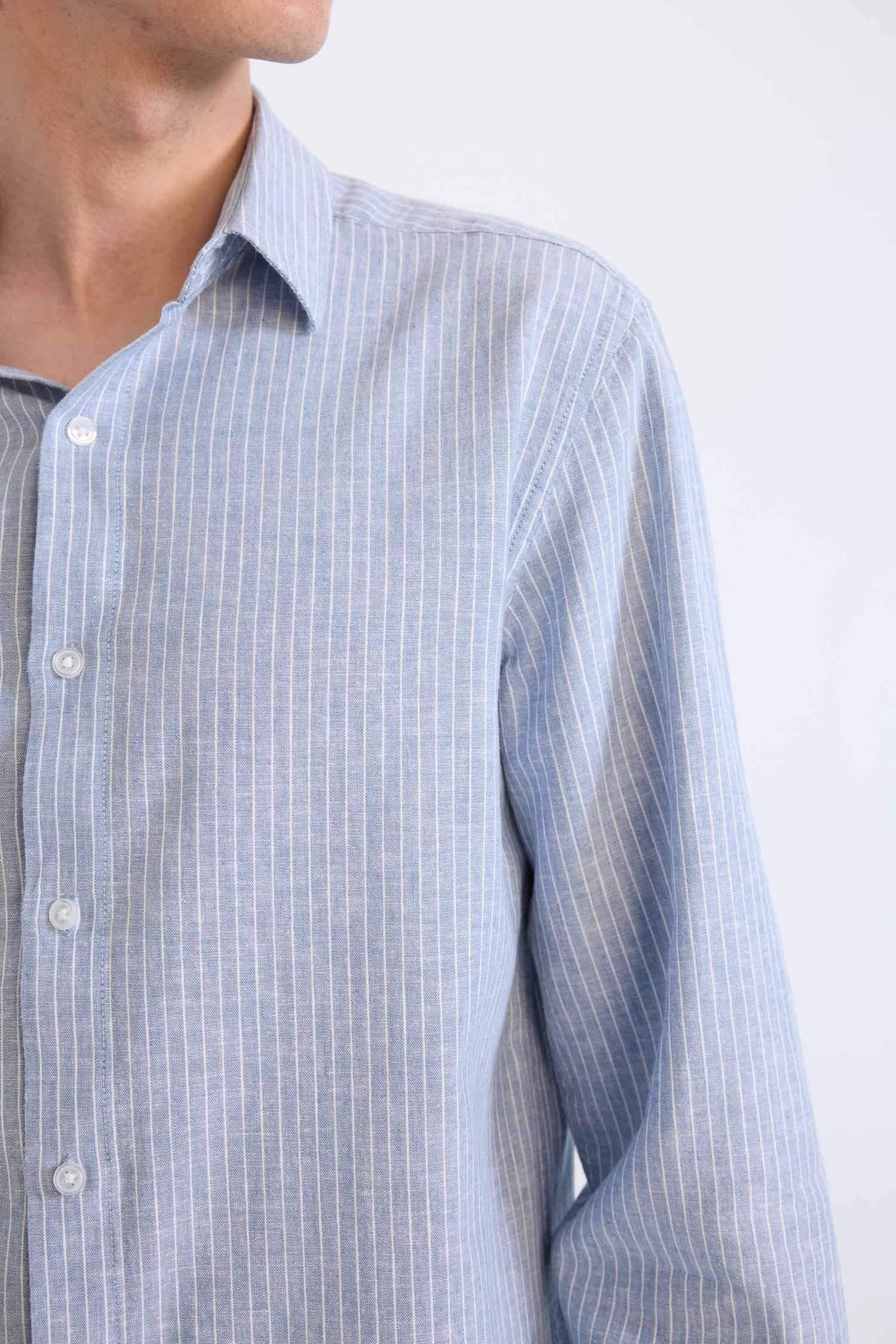 Regular Fit Polo Collar Striped Linen Long Sleeve Shirt