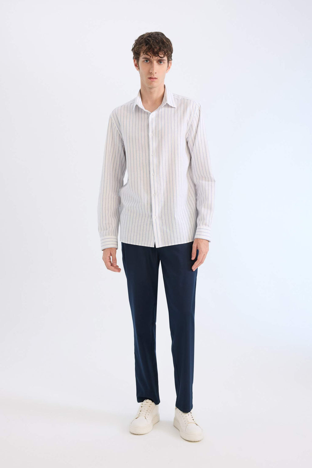Regular Fit Polo Collar Striped Linen Long Sleeve Shirt